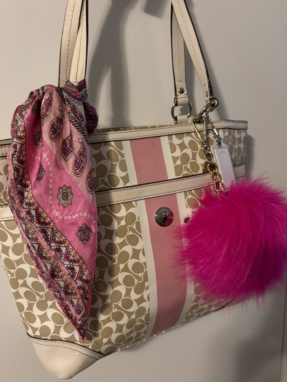 Coach Tan and Pink Heritage Stripe Signature Tote